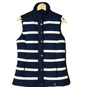 Nautica navy cream stripe thin puffer anchor detail buttons snap closure S